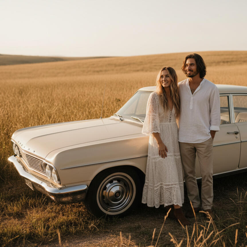 Pareja apoyada en un coche